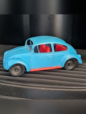 Vintage VW VOLKSWAGEN Beetle Bug Blue & Red Plastic Car Toy 8 Inches!